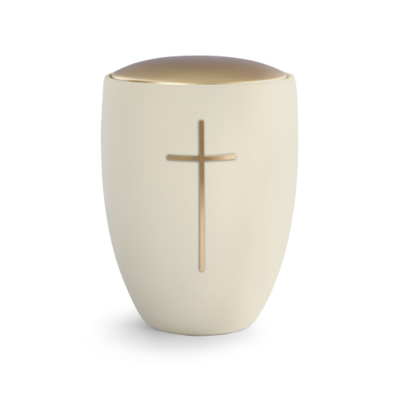 Urne der Edition Remember Me in cremefarbener Samton-Optik mit goldenem Deckel und messingfarbigem Kreuz, gefertigt aus Keramik, Gesamtansicht.