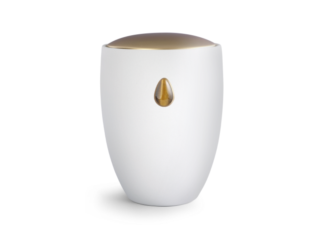 Edition Remember Me, Samton weiß, Deckel golden, eingelasseners Tigerauge, Keramik Edition Remember Me, Samton weiß, Deckel golden, eingelasseners Tigerauge, Keramik