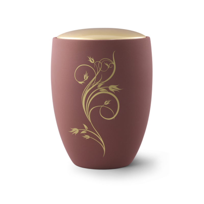 Die Urne aus der Edition Remember Me ist rotbraun, aus Keramik gefertigt und zeigt ein florales Ornament in Gold, mit einer runden, goldenen Deckeloberfläche.