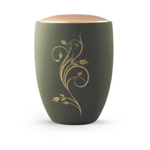 Die Urne in palmgrün aus Keramik hat eine ovale Form, einen goldfarbenen Deckel und ein florales Ornament in hellem Beige.