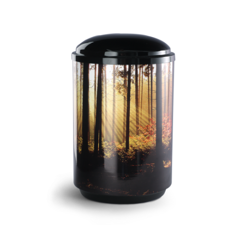 Die Urne aus der Edition Landscape, Waldlichtung, Cestal ist zylindrisch, schwarz und zeigt eine fotorealistische Waldlandschaft mit Lichtstrahlen.