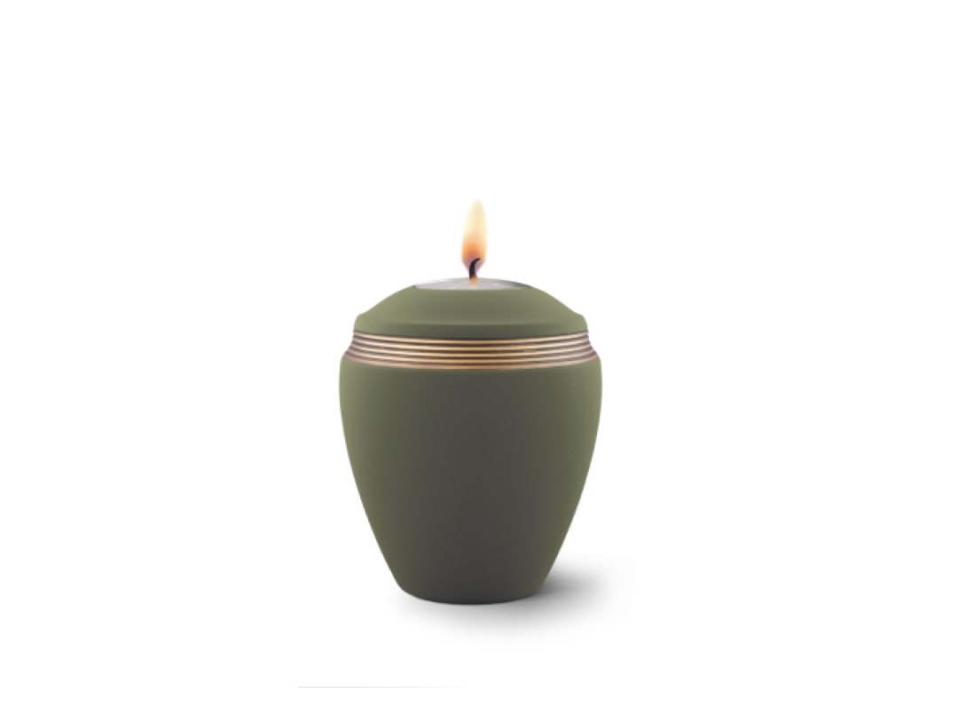 Edition Colour Line, Samtton palmgrün - Gedenklicht, Handbemaltes Dekor altgold, Keramik