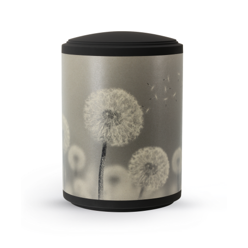 Urne aus Samton in Schwarz mit Pusteblumen-Motiv, zylindrische Form, matte Oberfläche und schwarzem Deckel, Gesamtansicht.