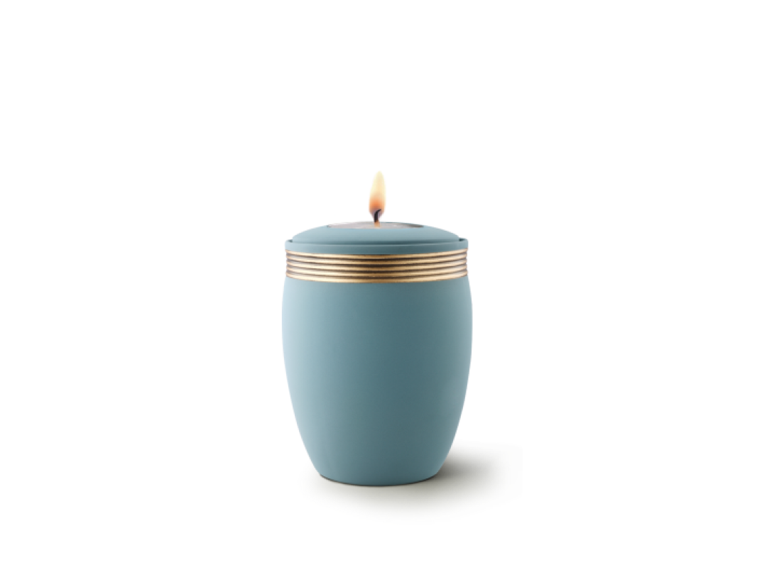 Edition Cleo, Samtton türkis - Gedenklicht, Handbemaltes Dekor altgold, Keramik