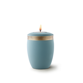 Edition Cleo, Samtton türkis - Gedenklicht, Handbemaltes Dekor altgold, Keramik