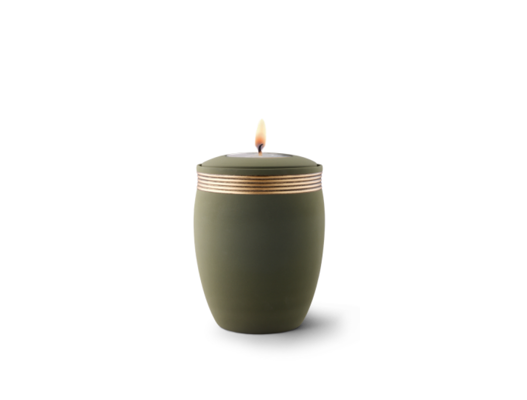 Edition Cleo, Samtton palmgrün - Gedenklicht, Handbemaltes Dekor altgold, Keramik