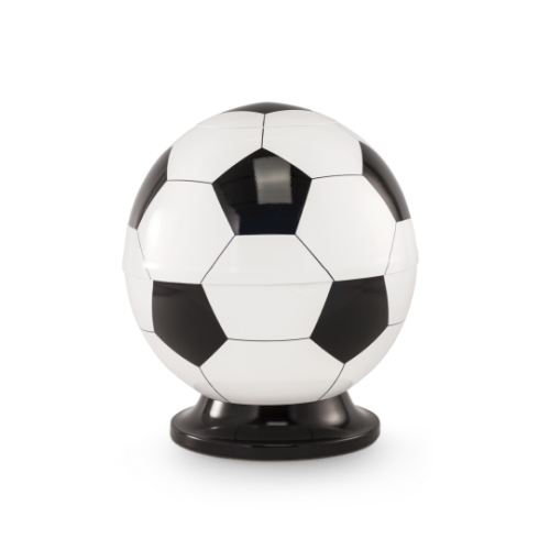 Die Cestal-Urne Fußball ist eine runde, schwarz-weiße Urne in Form eines Fußballs, mit einer glatten Oberfläche und einem stabilen, schwarzen Standfuß.