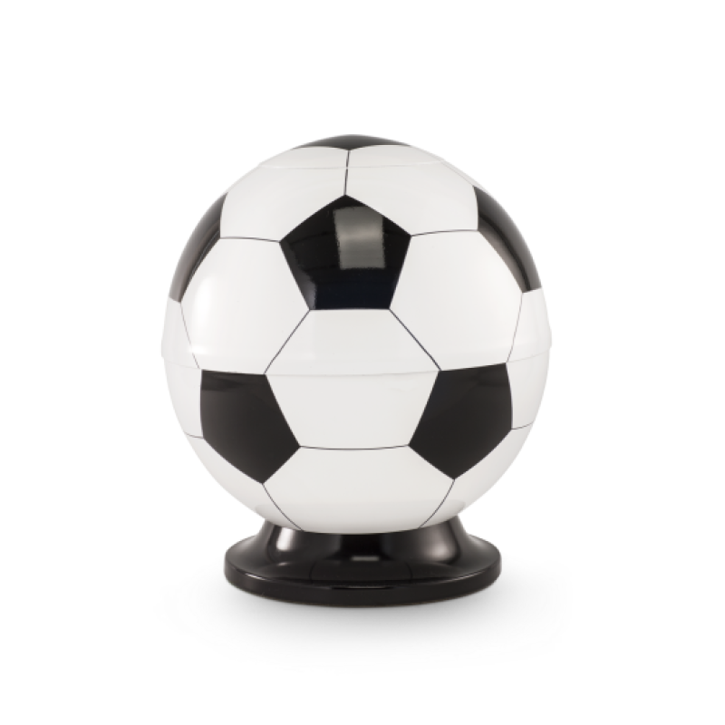 Die Cestal-Urne Fußball ist eine runde, schwarz-weiße Urne in Form eines Fußballs, mit einer glatten Oberfläche und einem stabilen, schwarzen Standfuß.