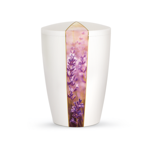 Die Urne aus der Edition Natura ist perlmuttfarben, hat eine konische Form und zeigt ein dekoratives Lavendelmotiv auf der Vorderseite.