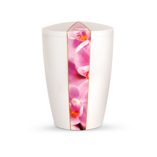 Die Urne aus der Edition Natura ist perlmuttfarben, hat eine konische Form und zeigt eine pinkfarbene Orchideen-Dekoration mit goldenen Akzenten.