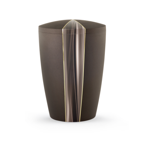 Die Urne aus der Edition Cascade in Samtton siena hat eine ovale Form, eine glatte Oberfläche und ein dekoratives Cascade-Motiv in glänzendem Material.