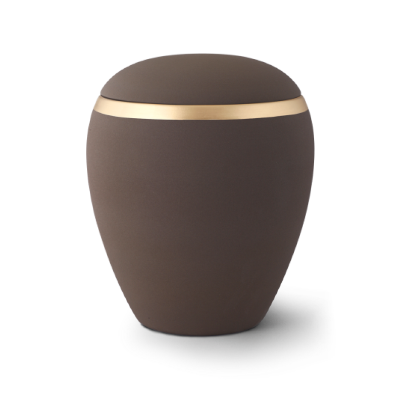 Die Urne aus der Edition Colour Line ist aus Keramik, hat eine ovale Form, eine matte Samton-Farbe und einen glänzenden altgoldenen Dekorstreifen.