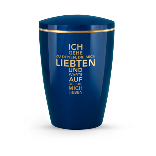 Die hochglanz königsblaue Urne aus der Edition D'artiste hat eine ovale Form, einen goldenen Schriftzug und einen abnehmbaren Deckel.