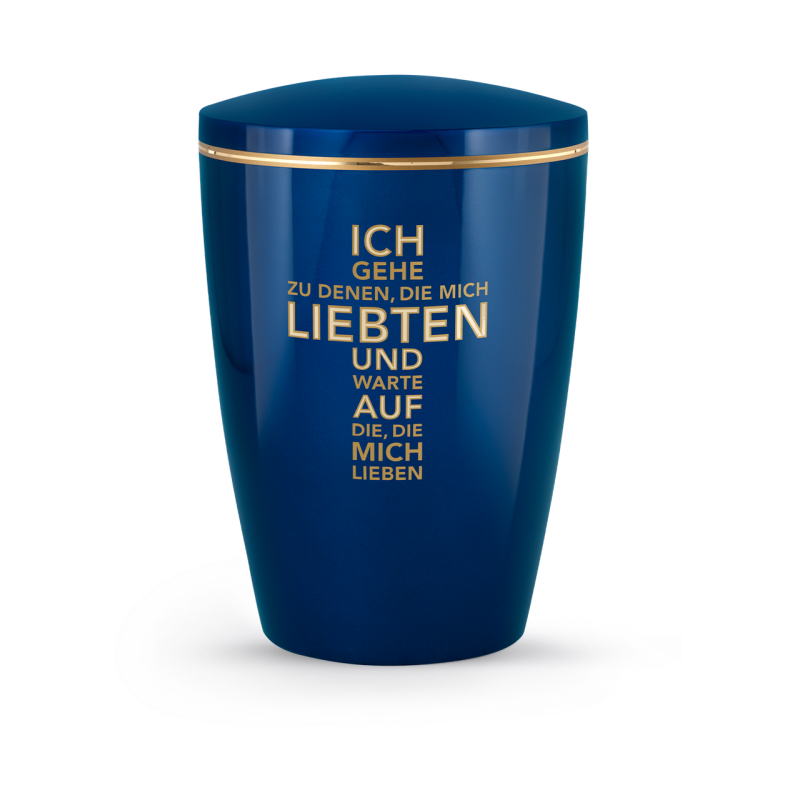Die hochglanz königsblaue Urne aus der Edition D'artiste hat eine ovale Form, einen goldenen Schriftzug und einen abnehmbaren Deckel.