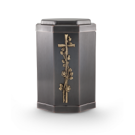 Kupfer, galvanisch dunkel gefärbt, Gusskreuz rosenumrankt Kupfer, galvanisch dunkel gefärbt, Gusskreuz rosenumrankt