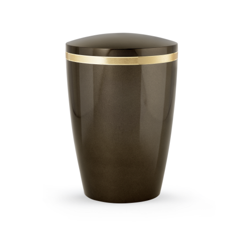 Die Urne Edition Alicante in hochglanz siena hat eine ovale Form, einen matt/glänzenden Goldstreifen und besteht aus biologisch abbaubarem Material.