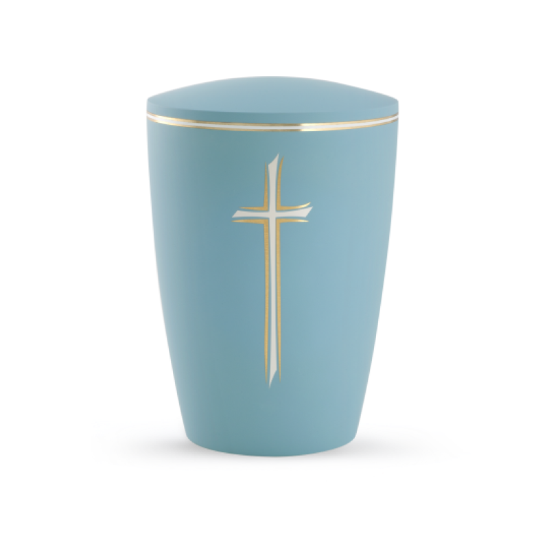 Urne in türkis mit Soft-Touch-Oberfläche, konische Form, goldfarbener Kreuzaufdruck, Gesamtansicht.