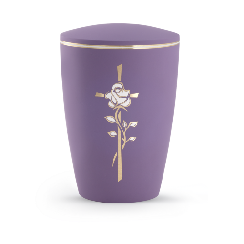 Lila Urne aus der Edition Pastell mit Soft-Touch-Oberfläche, verziert mit einem goldenen Kreuz und einer Rose, Gesamtansicht.