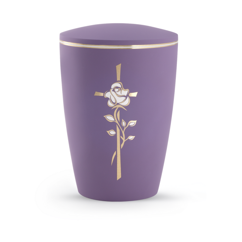 Lila Urne aus der Edition Pastell mit Soft-Touch-Oberfläche, verziert mit einem goldenen Kreuz und einer Rose, Gesamtansicht.
