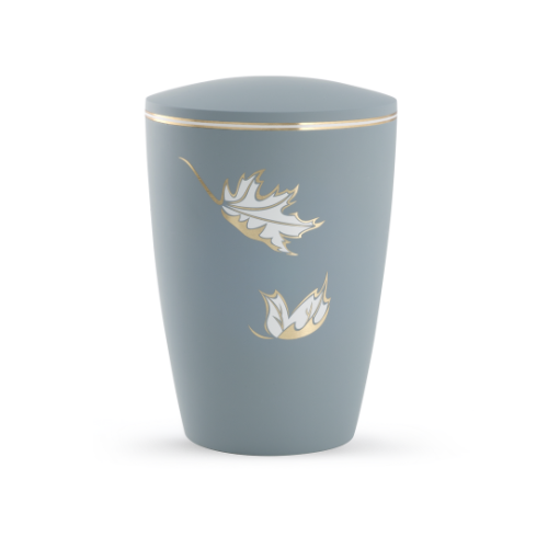 Eine graue Urne aus der Edition Pastell mit Soft-Touch-Oberfläche, verziert mit goldenen Blättern, in einer Gesamtansicht.