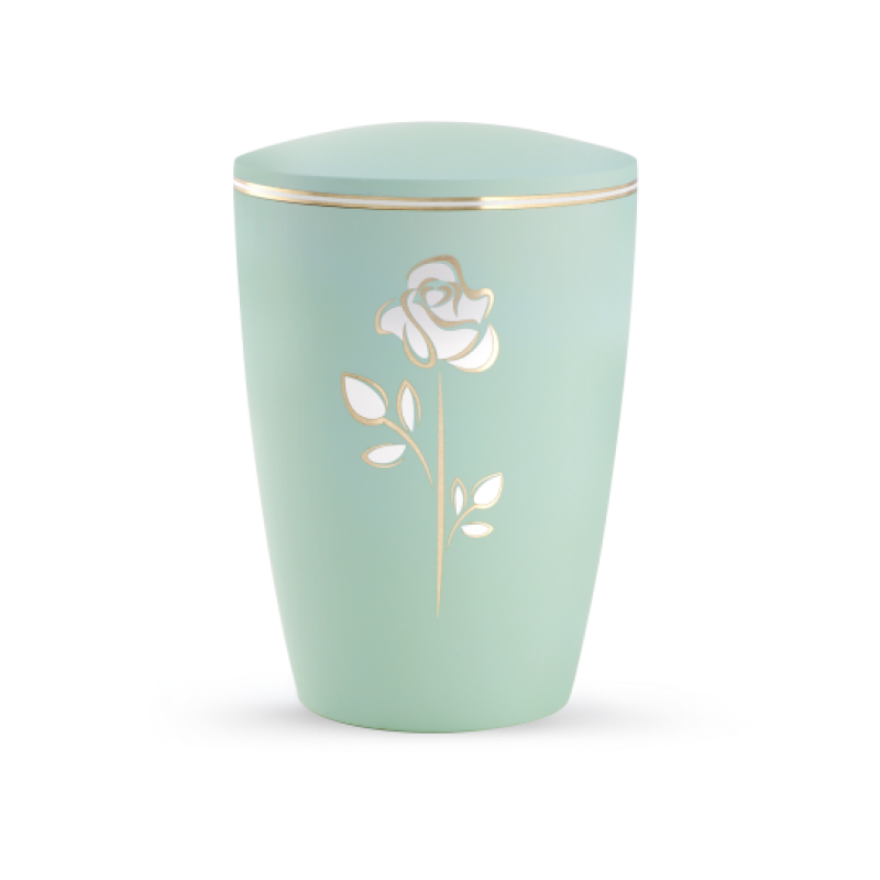 Urne in mintgrün mit Soft-Touch-Oberfläche, verziert mit einer goldenen Rose und Blättern, in zylindrischer Form mit abgerundetem Deckel.