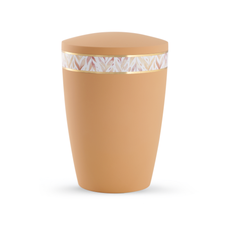 Die orange Urne aus der Edition Pastell hat eine Soft-Touch-Oberfläche und ist mit einem blattförmigen, schimmernden Band verziert.