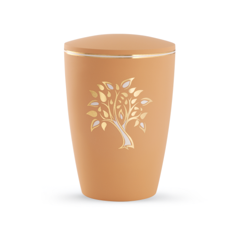 Die orangefarbene Urne aus der Edition Pastell hat eine Soft-Touch-Oberfläche und zeigt ein goldenes Baum-Motiv, mit einem abgerundeten Deckel.