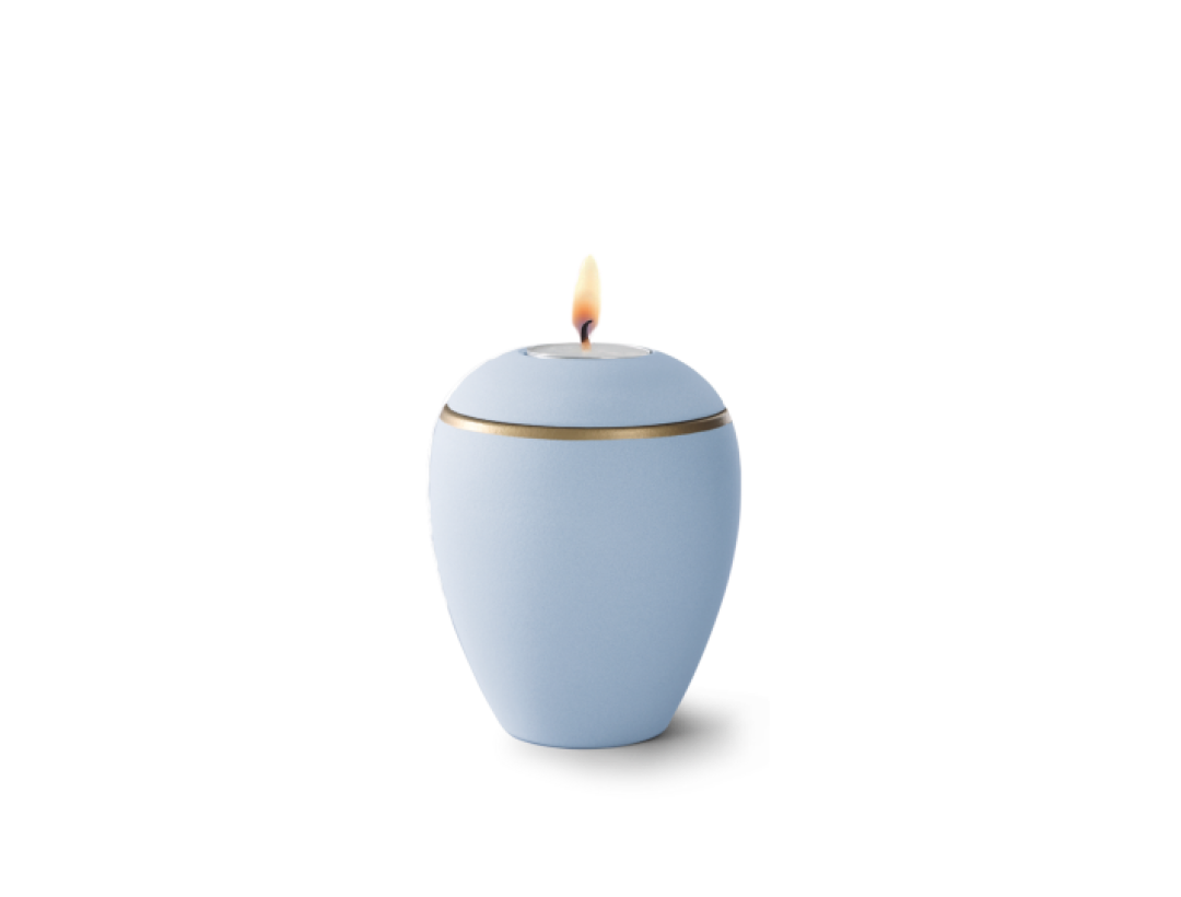 Edition Colour Line, Samtton himmelblau - Gedenklicht, altgold Dekorstreifen, Keramik