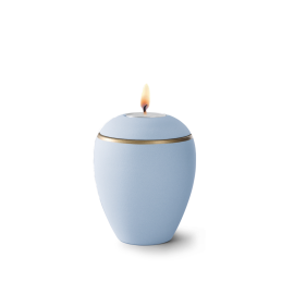 Edition Colour Line, Samtton himmelblau - Gedenklicht, altgold Dekorstreifen, Keramik