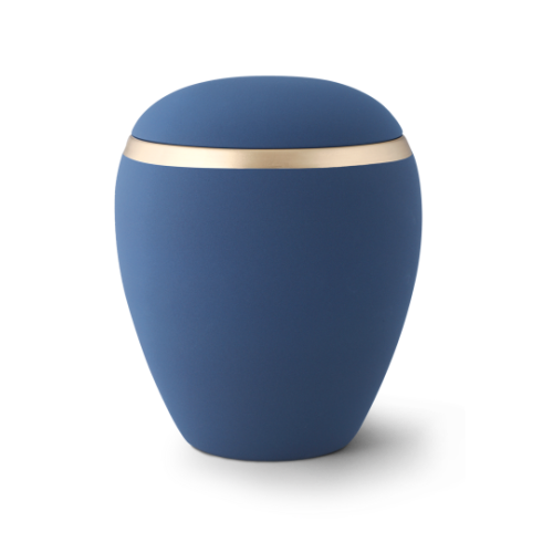 Die Urne aus der Edition Colour Line ist aus Keramik, hat eine marineblaue Samtoberfläche und einen altgoldenen Dekorstreifen, sichtbar in Gesamtansicht.