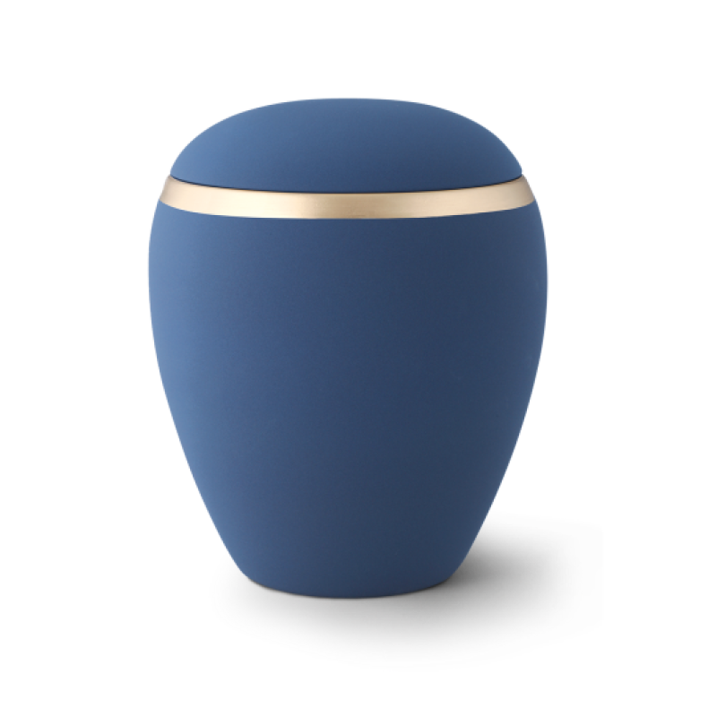 Die Urne aus der Edition Colour Line ist aus Keramik, hat eine marineblaue Samtoberfläche und einen altgoldenen Dekorstreifen, sichtbar in Gesamtansicht.