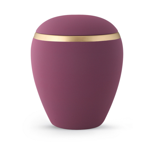 Eine burgunderfarbene Keramikurne mit mattem Samtfinish und einem altgoldenen Dekorstreifen, in runder Form und Gesamtansicht.