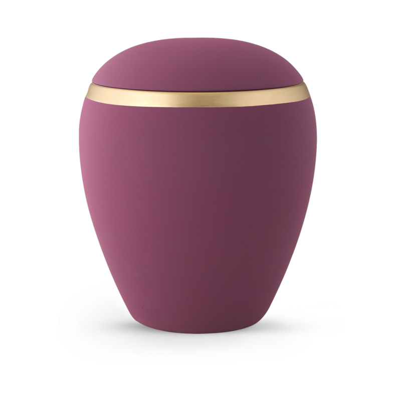 Eine burgunderfarbene Keramikurne mit mattem Samtfinish und einem altgoldenen Dekorstreifen, in runder Form und Gesamtansicht.