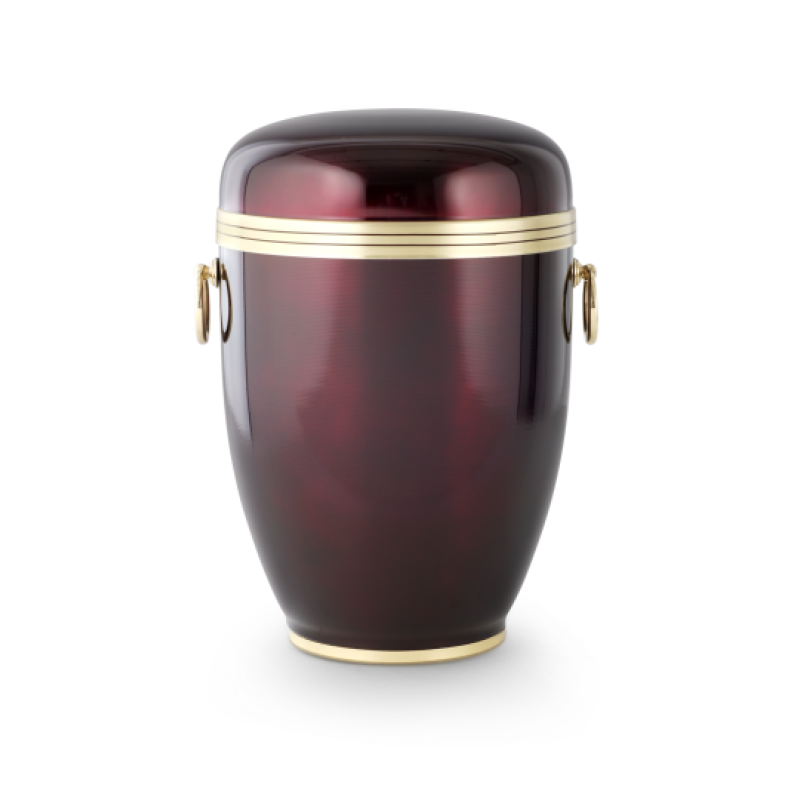 Urne aus Kupfer in aubergine mit glänzender Oberfläche, goldenen Verzierungen und MS-Griffen, in Gesamtansicht.