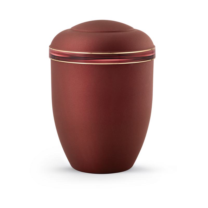 Die Urne Edition Cascade in velvet rubin hat eine ovale Form, ein Wellendekor und einen goldfarbenen Rand, sichtbar in einer Gesamtansicht.