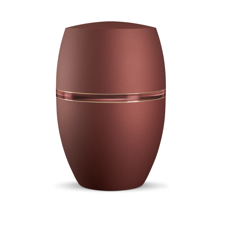 Die Urne Infinity Sorrento in der Farbe Rubin ist oval geformt, aus mattem Material mit einem Wellendekor und einer glänzenden, goldfarbenen Linie.