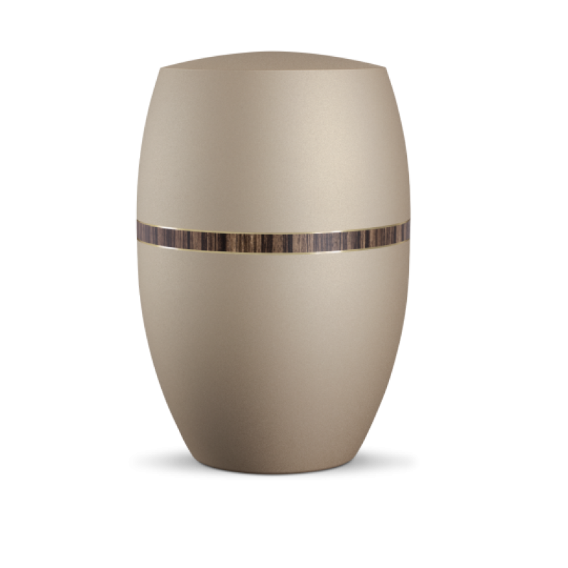 Die Urne Infinity Foresta in velvet Champagner hat eine ovale Form mit einer horizontalen Zebranodekor-Linie und ist in einer Gesamtansicht abgebildet.