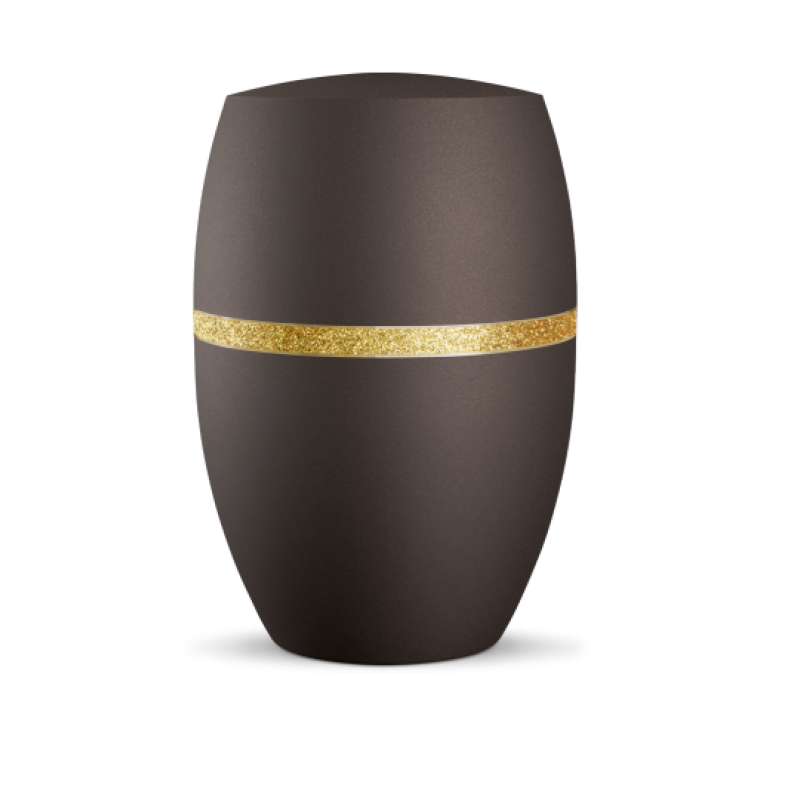 Die Urne in der Farbe velvet Siena hat eine ovale Form und ist mit einem glitzernden goldenen Dekorstreifen verziert.