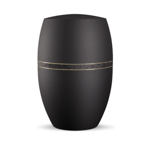 Die Urne Infinity Noire ist aus schwarzem Velvet-Material gefertigt und zeigt ein glitzerndes Dekor in Schwarz sowie eine elegante, ovale Form.
