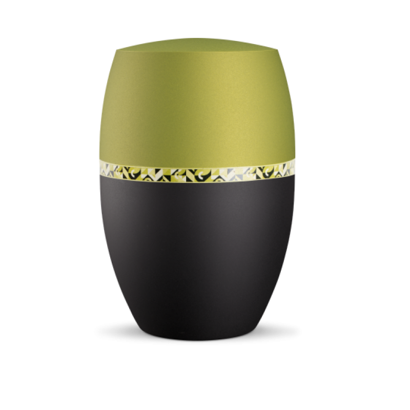 Die Urne Infinity Artista ist in den Farben Schwarz und Peridot gestaltet, hat eine geometrische Dekorband und eine ovale Form mit mattem Finish.