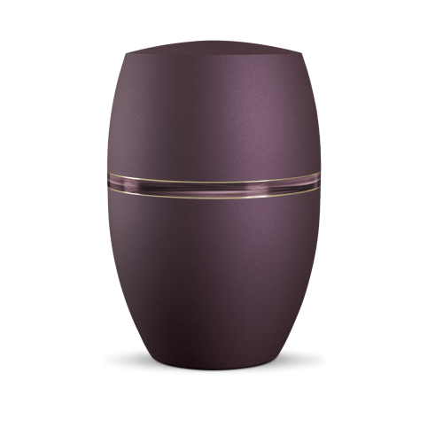 Die Urne Infinity Sorrento in der Farbe Velvet Berry hat eine ovale Form, eine matte Oberfläche und eine dekorative Welleneinlage aus Metall.