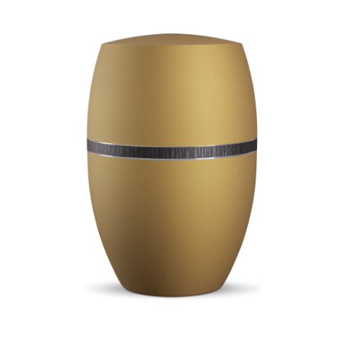 Eine ovale Urne in velvet Goldocker mit einer schwarzen, gebürsteten Dekorlinie, die eine elegante und schlichte Gesamtansicht bietet.