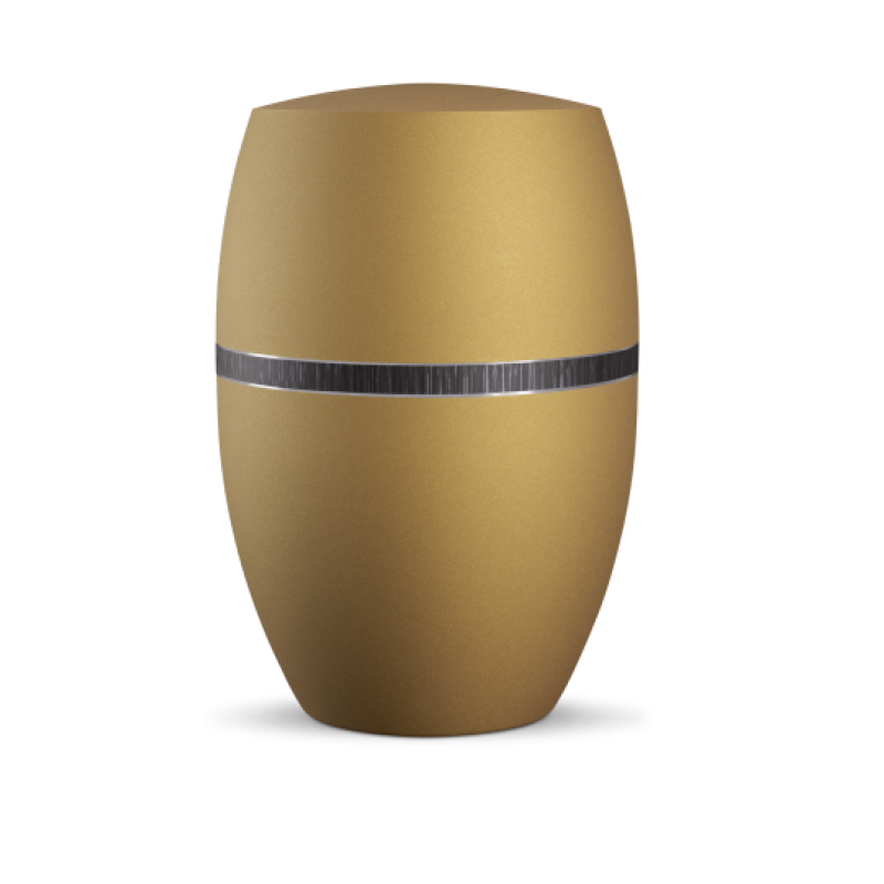 Eine ovale Urne in velvet Goldocker mit einer schwarzen, gebürsteten Dekorlinie, die eine elegante und schlichte Gesamtansicht bietet.