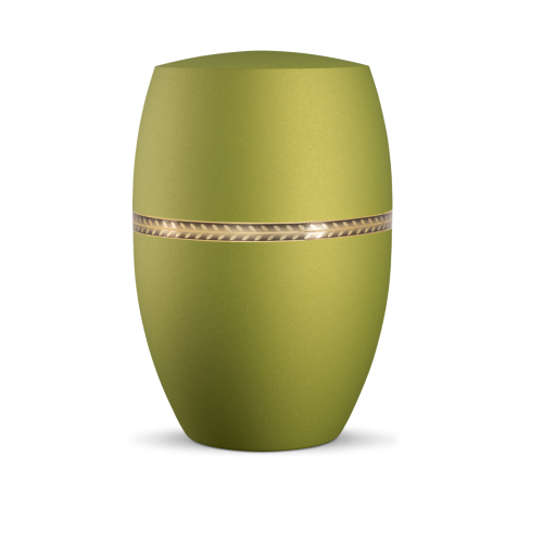 Die Urne Infinity Livorno in velvet Peridot hat eine ovale Form, ist in mattem Grün gehalten und verfügt über ein gebürstetes Golddekor in Form eines Zweigs.