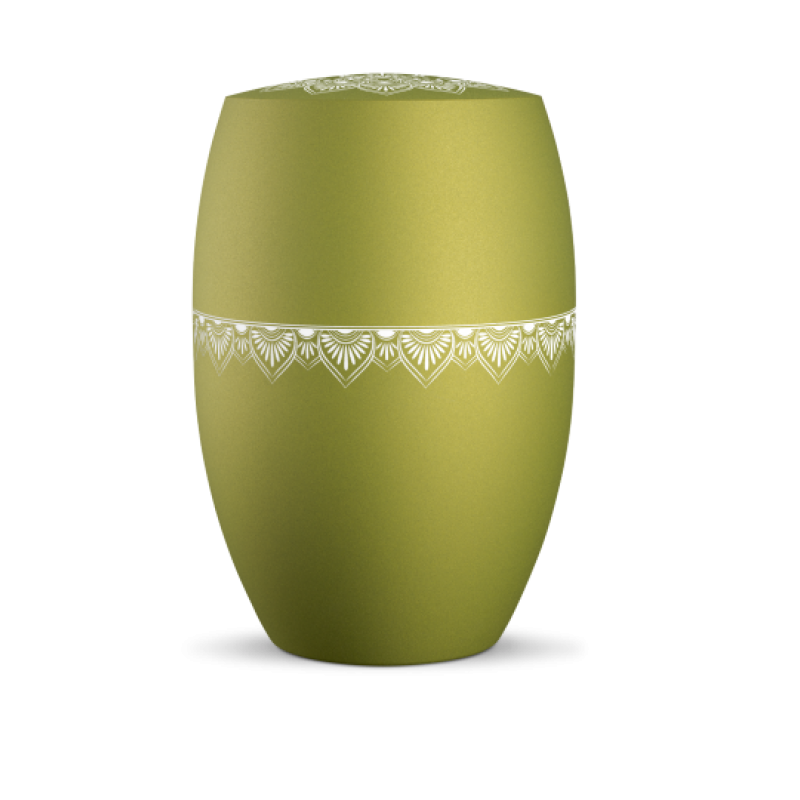 Die Urne in Peridot-Grün hat eine ovale Form, einen Mandala-Druck auf dem Deckel und eine umlaufende, dekorative Verzierung in Weiß.