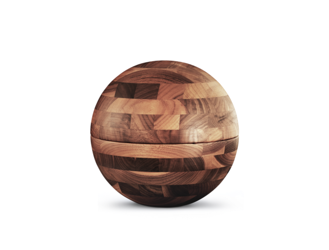 Edition Alea, Walnuss kreuzverleimt / geölt, Kugelform, mit Aschebeutel und Naturfasernetz Edition Alea, Walnuss kreuzverleimt / geölt, Kugelform, mit Aschebeutel und Naturfasernetz