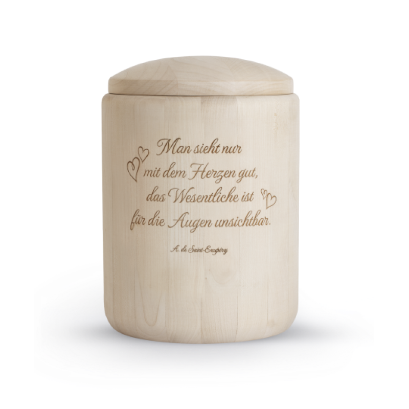 Holzurne aus unbehandeltem Holz in zylindrischer Form mit einem Deckel, verziert mit einer Lasergravur des Textes und Herzmotiven.