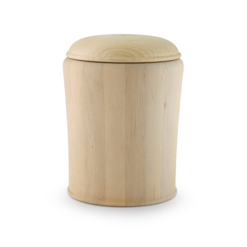 Die gewachste Erle-Urne hat eine zylindrische Form, ist hellbeige und besitzt einen abgerundeten Deckel, sichtbar in Gesamtansicht.