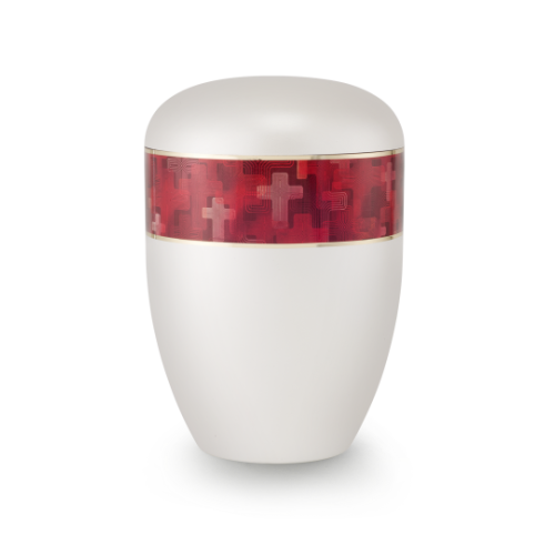 Die Urne der Exclusivserie Edition Antiqua ist perlmuttweiß mit einem rot-transparenten Band, das ein Kreuzmotiv zeigt, und hat eine runde, geschwungene Form.