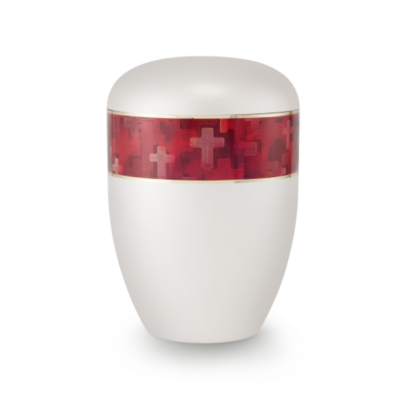Die Urne der Exclusivserie Edition Antiqua ist perlmuttweiß mit einem rot-transparenten Band, das ein Kreuzmotiv zeigt, und hat eine runde, geschwungene Form.